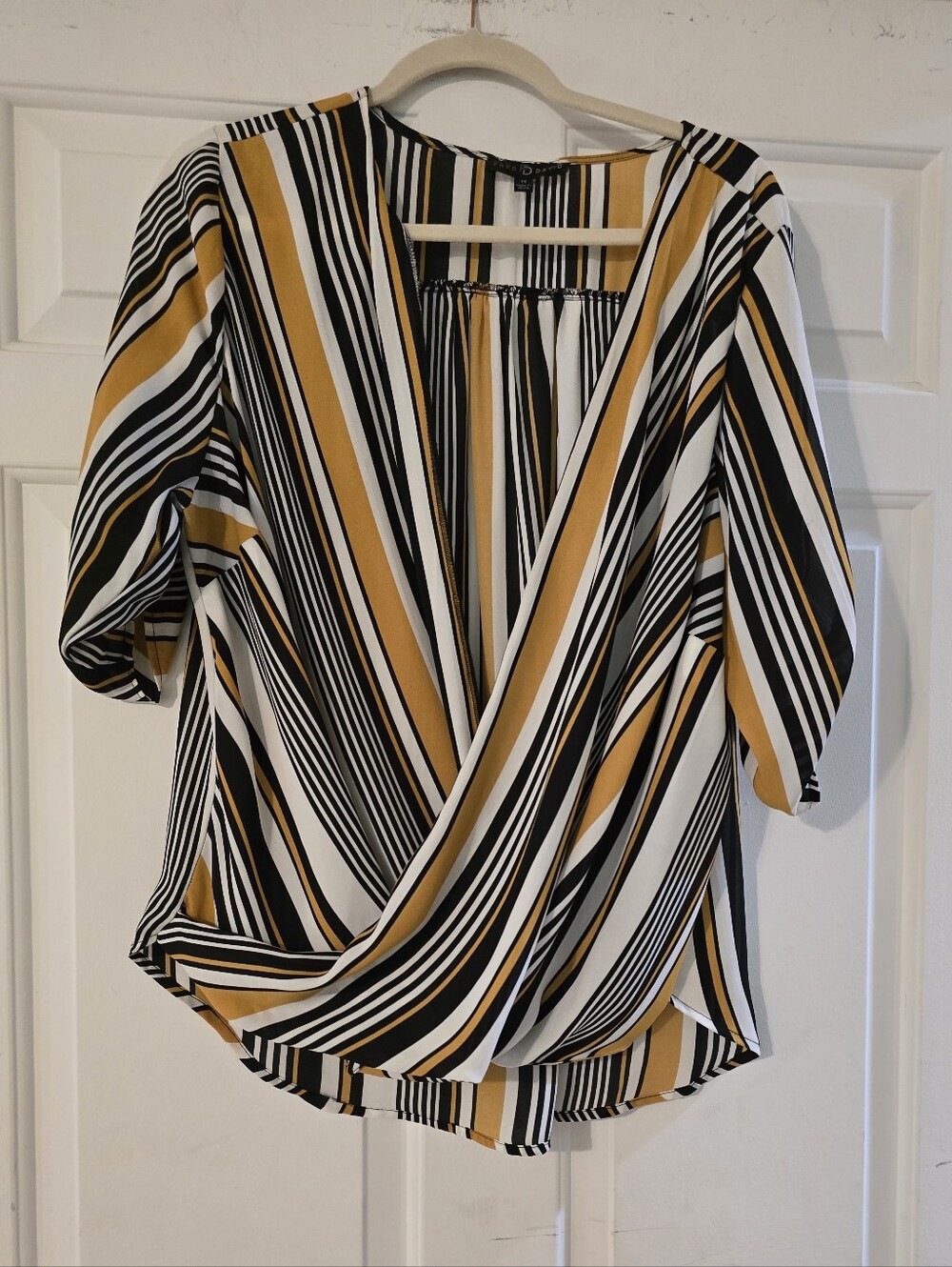 Fred David Striped Wrap-Front Blouse in Mustard, Black & White